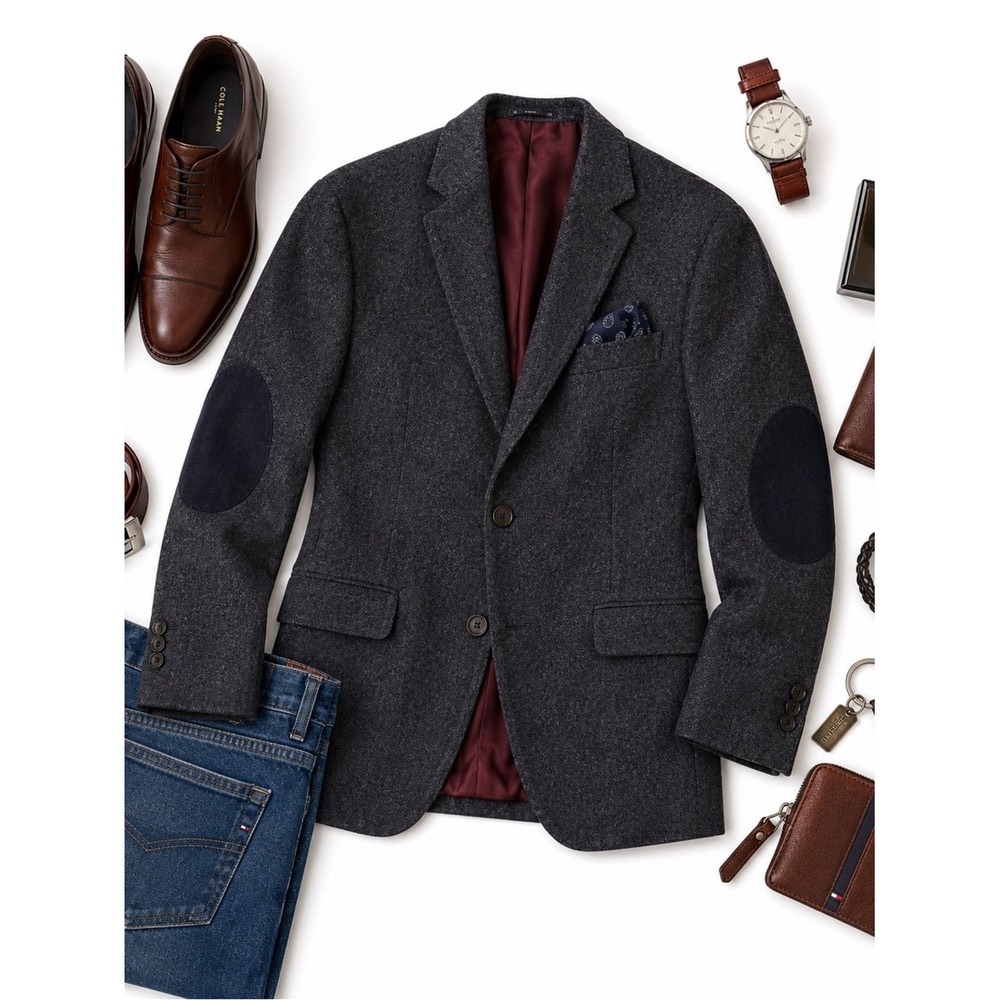 Tommy Hilfiger Wool Blend Sport Coat Mens 42R Charcoal Elbow Patches Two Button - Picture 13 of 13